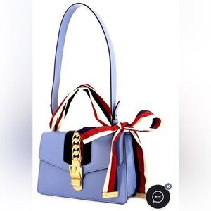 Gucci Calfskin Small Sylvie Shoulder Bag Clear Sky Blue purse with dust bag
